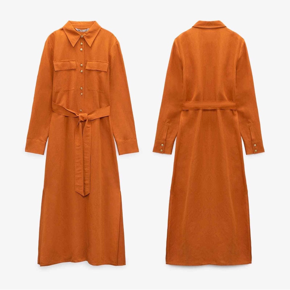 Zara NWT Long sleeve orange linen shirt dress